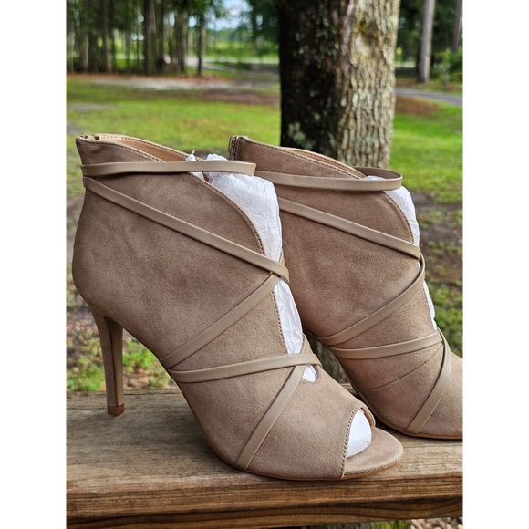 Shoes - Taupe Faux Suede Strappy Peep Toe Stiletto Ankle Booties Heel Size 10